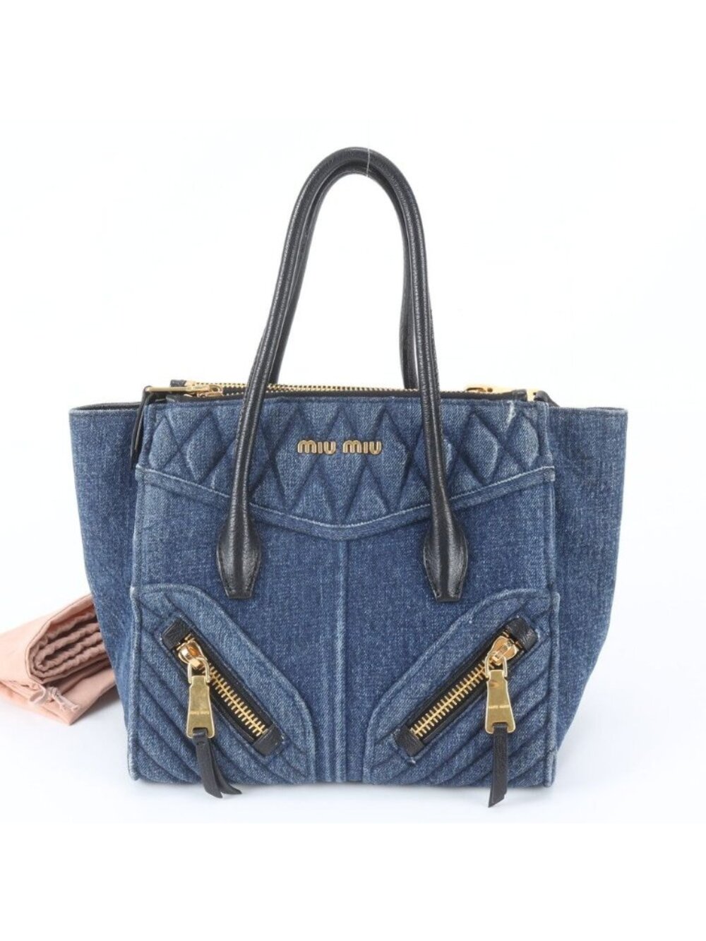 Miu Miu Biker Denim Quilted Leather Handbag Tote